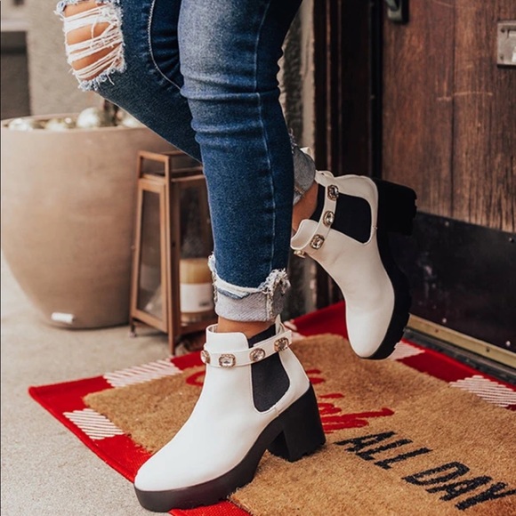 Removable Jeweled Ankle Strap White Chelsea Boot - Picture 3 of 13